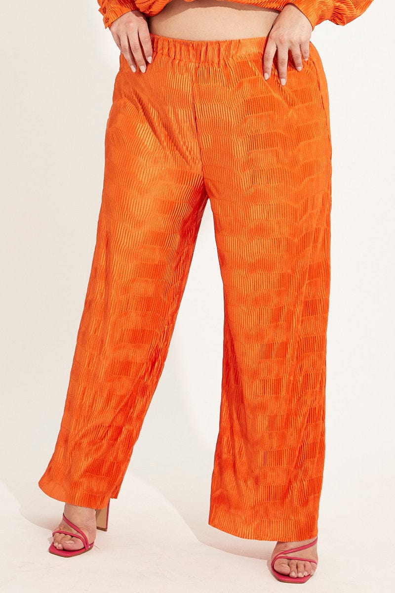 Orange Plisse Pants Wide Leg High Rise