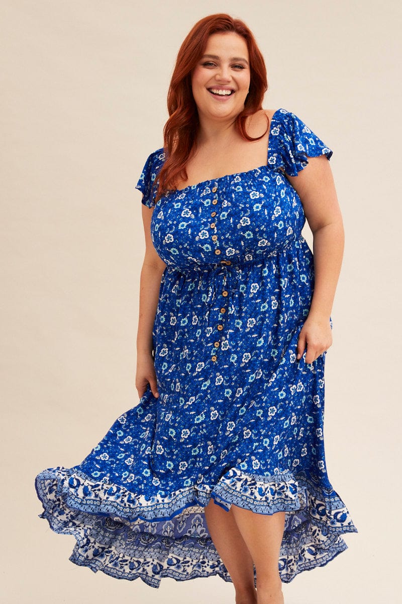 Blue Boho Midi Dress Sort Sleeve Ruffle | You & All Blue Boho Midi Dress Sort Sleeve Ruffle | You & All