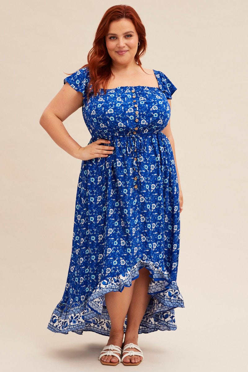 Blue Boho Midi Dress Sort Sleeve Ruffle | You & All Blue Boho Midi Dress Sort Sleeve Ruffle | You & All