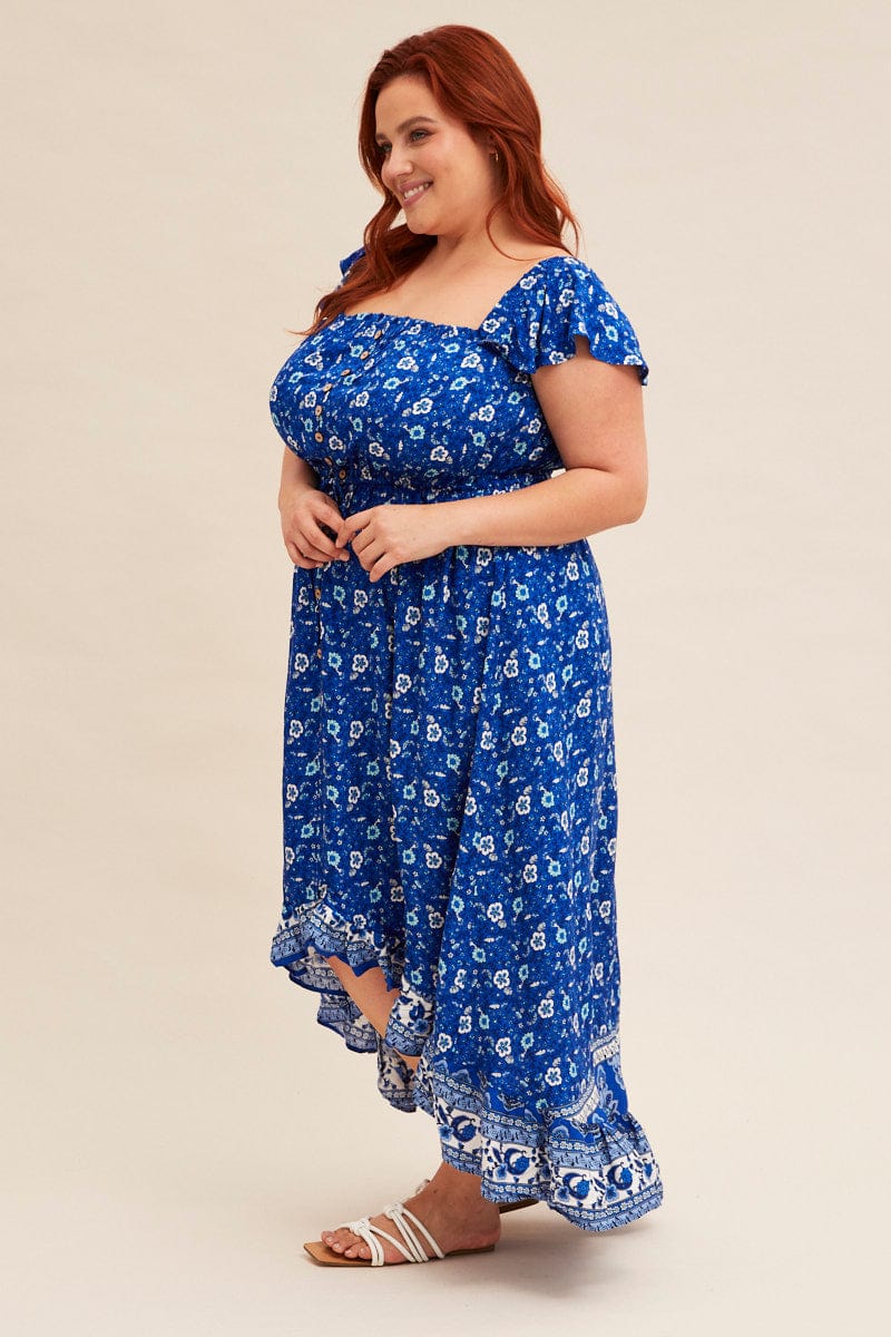 Blue Boho Midi Dress Sort Sleeve Ruffle