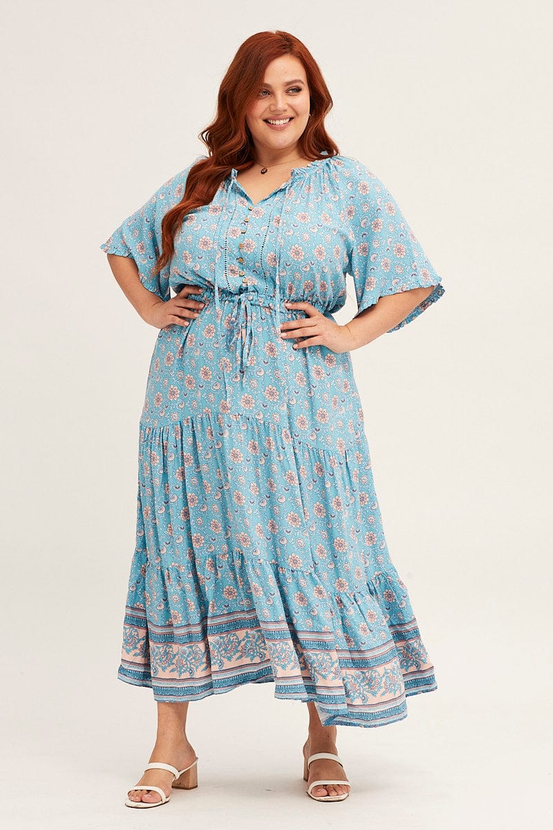 Boho Print Peasant Maxi Dress Short Sleeve Round Neck