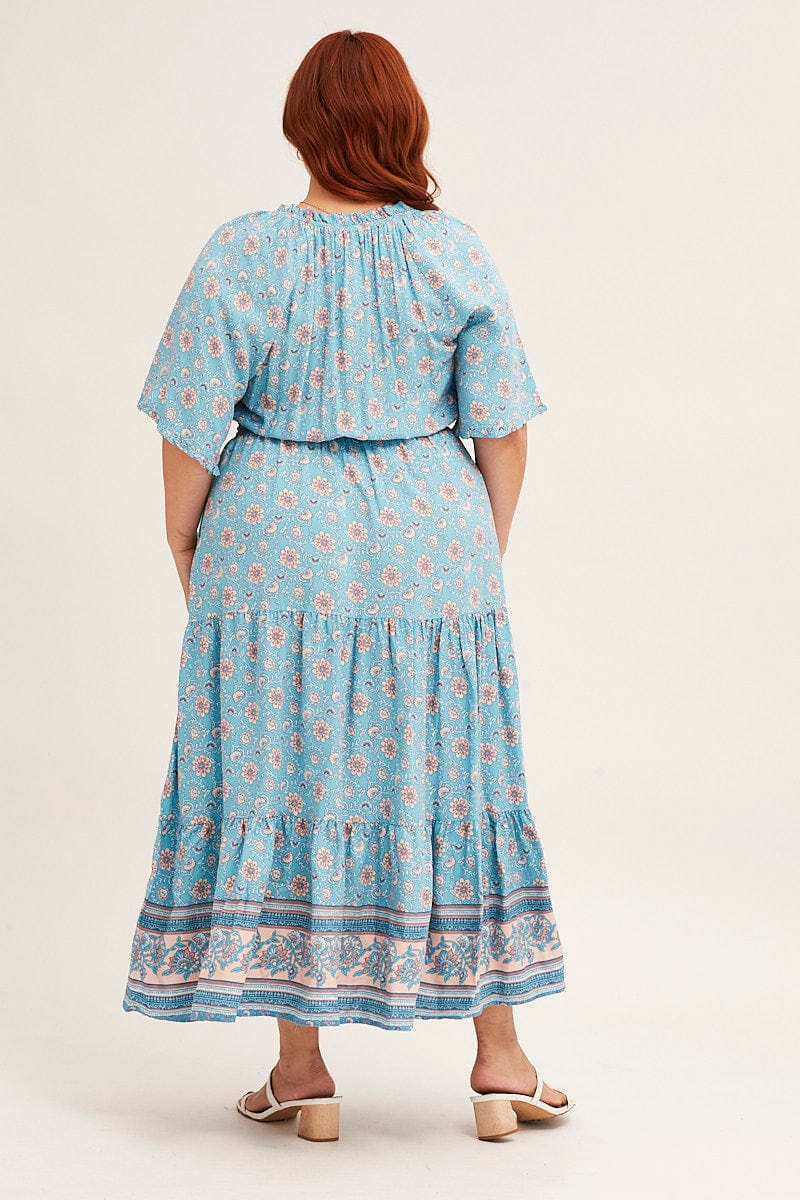 Boho Print Peasant Maxi Dress Short Sleeve Round Neck