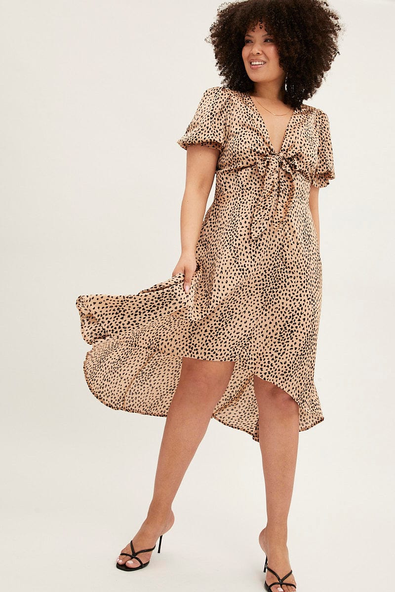 Camel Animal Print Midi Dress Short Sleeve Tie Front Satin