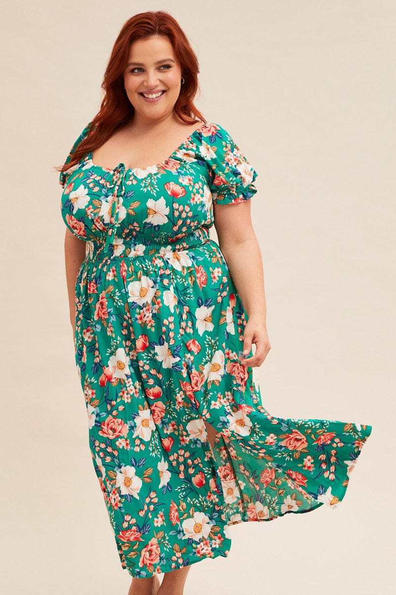 Green Floral Short Puff Sleeve Midi Slit Dress