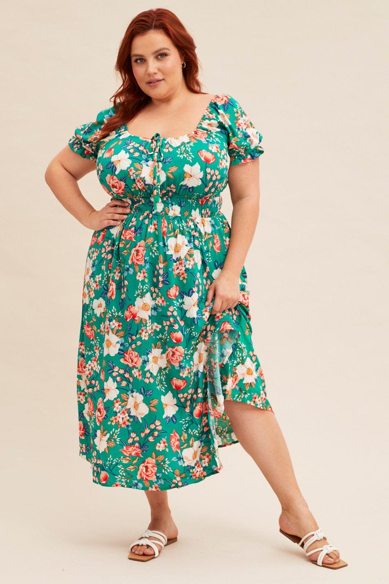 Green Floral Short Puff Sleeve Midi Slit Dress