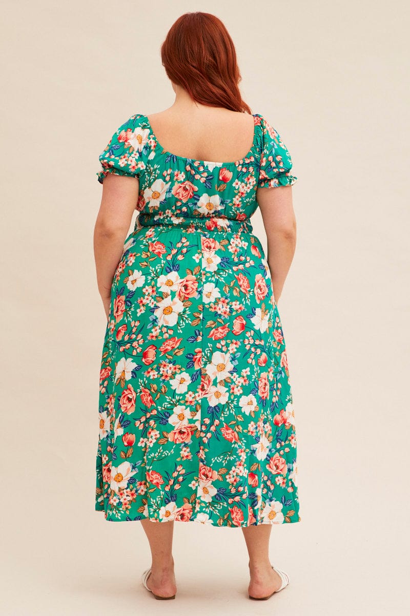 Green Floral Short Puff Sleeve Midi Slit Dress