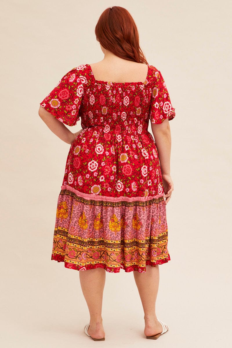 red boho dress short Red Boho Short Trapeze Dress