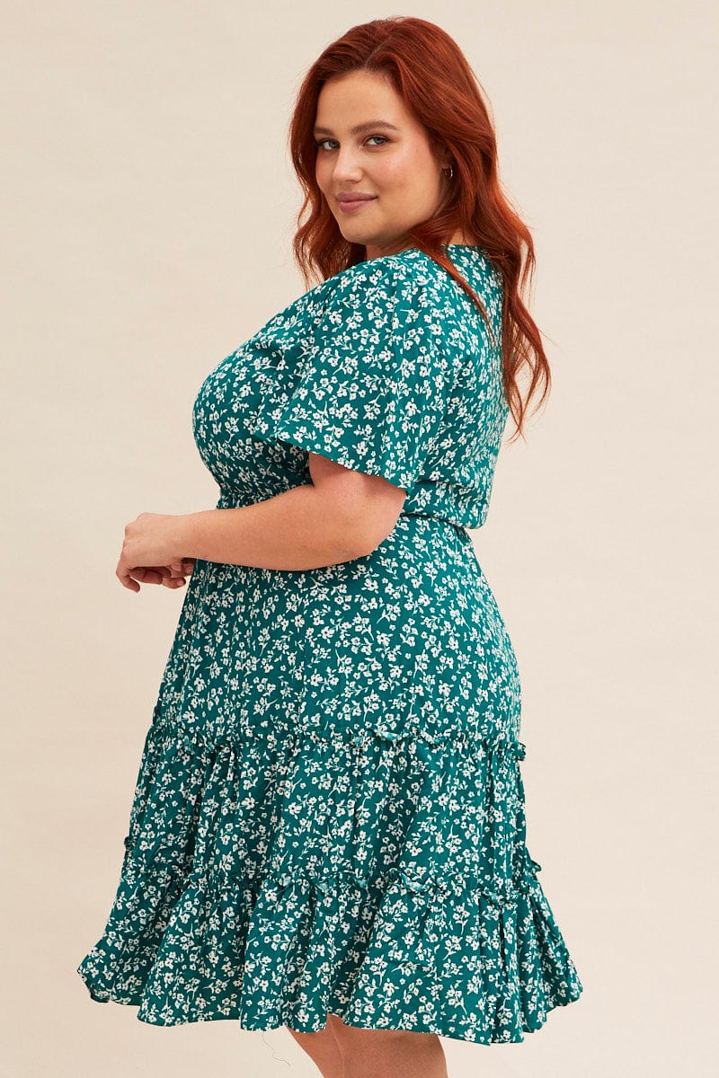Green Ditsy Short Sleeve Floral Mini Skater Dress | You & All Green Ditsy Short Sleeve Floral Mini Skater Dress | You & All