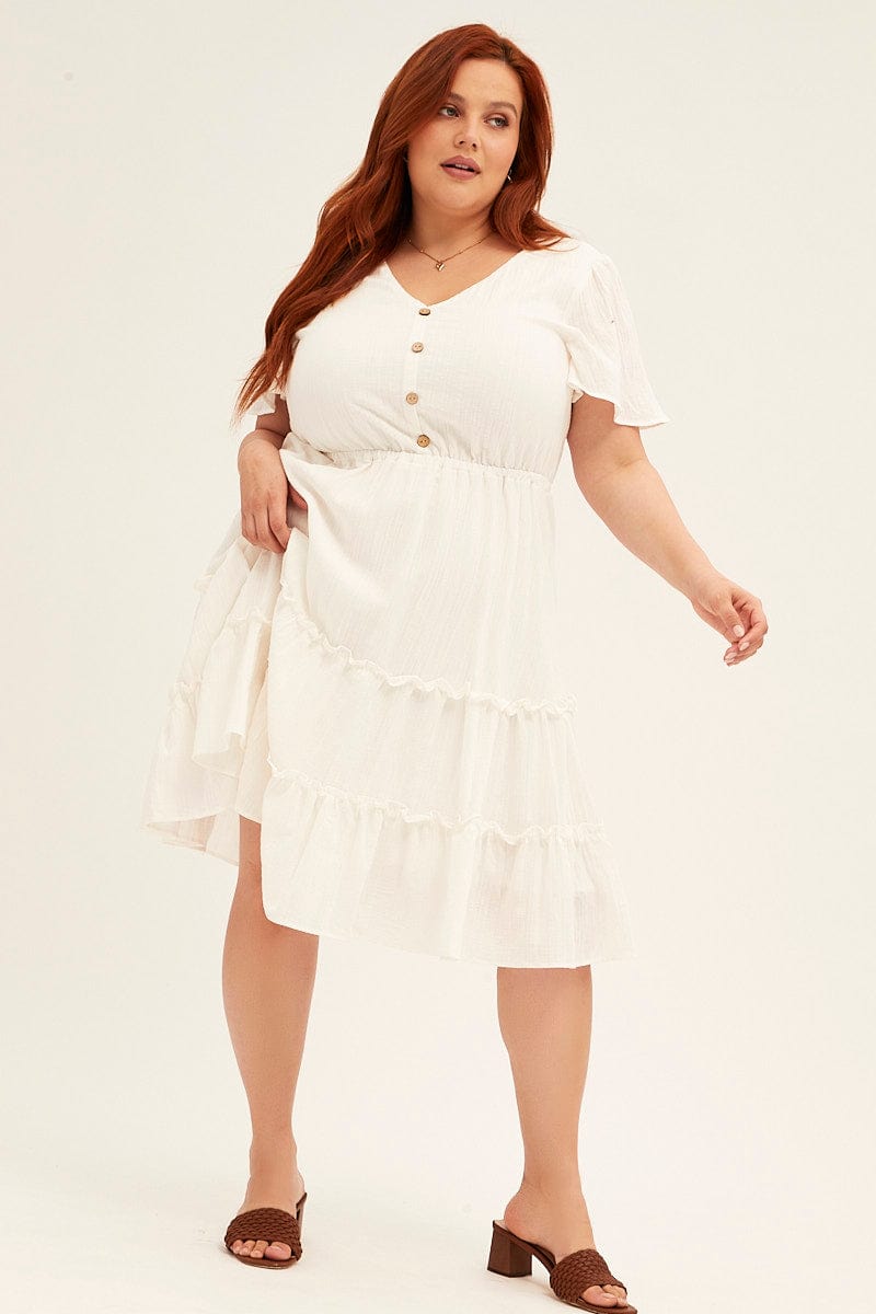 White Fit And Flare Dress Short Sleeve Button Front