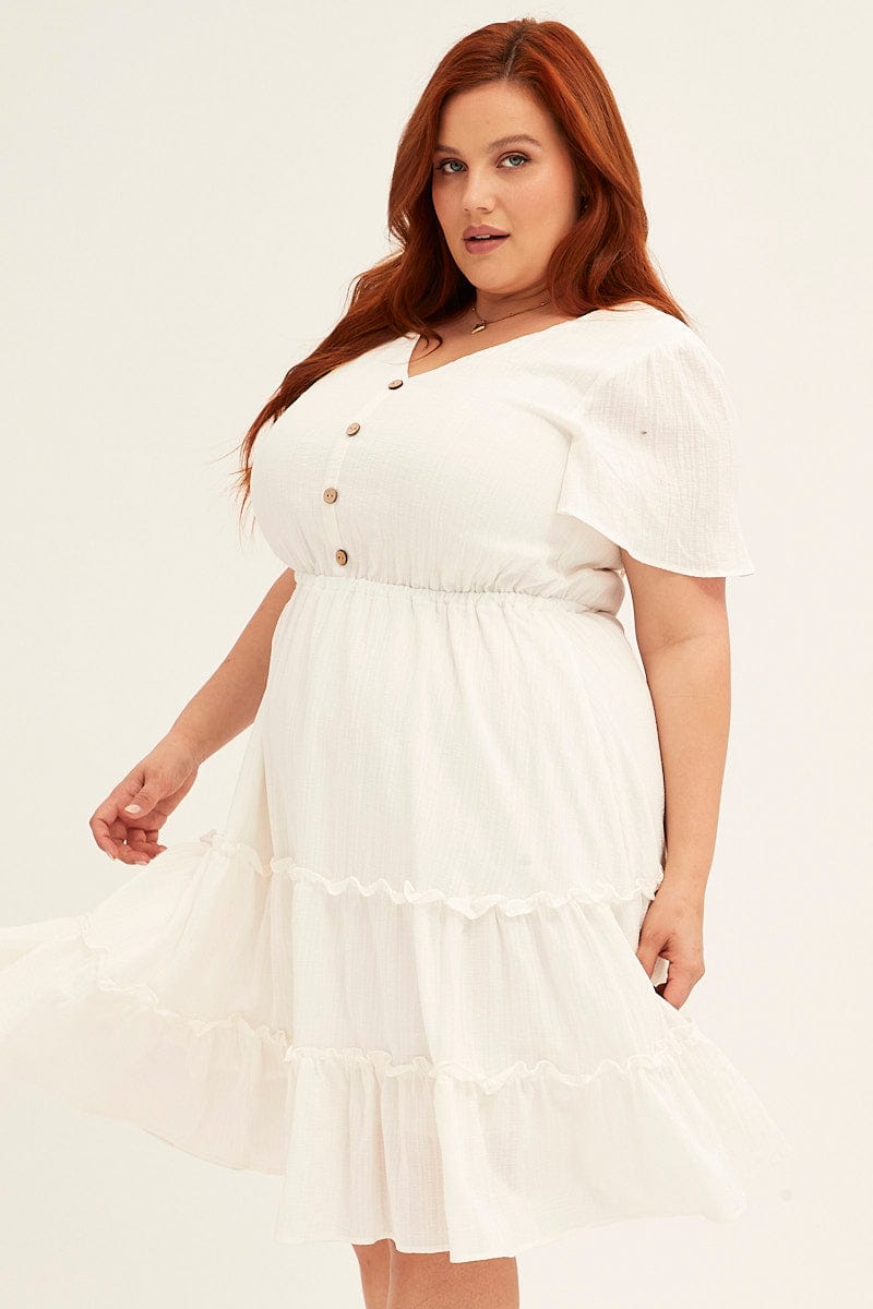 White Fit And Flare Dress Short Sleeve Button Front