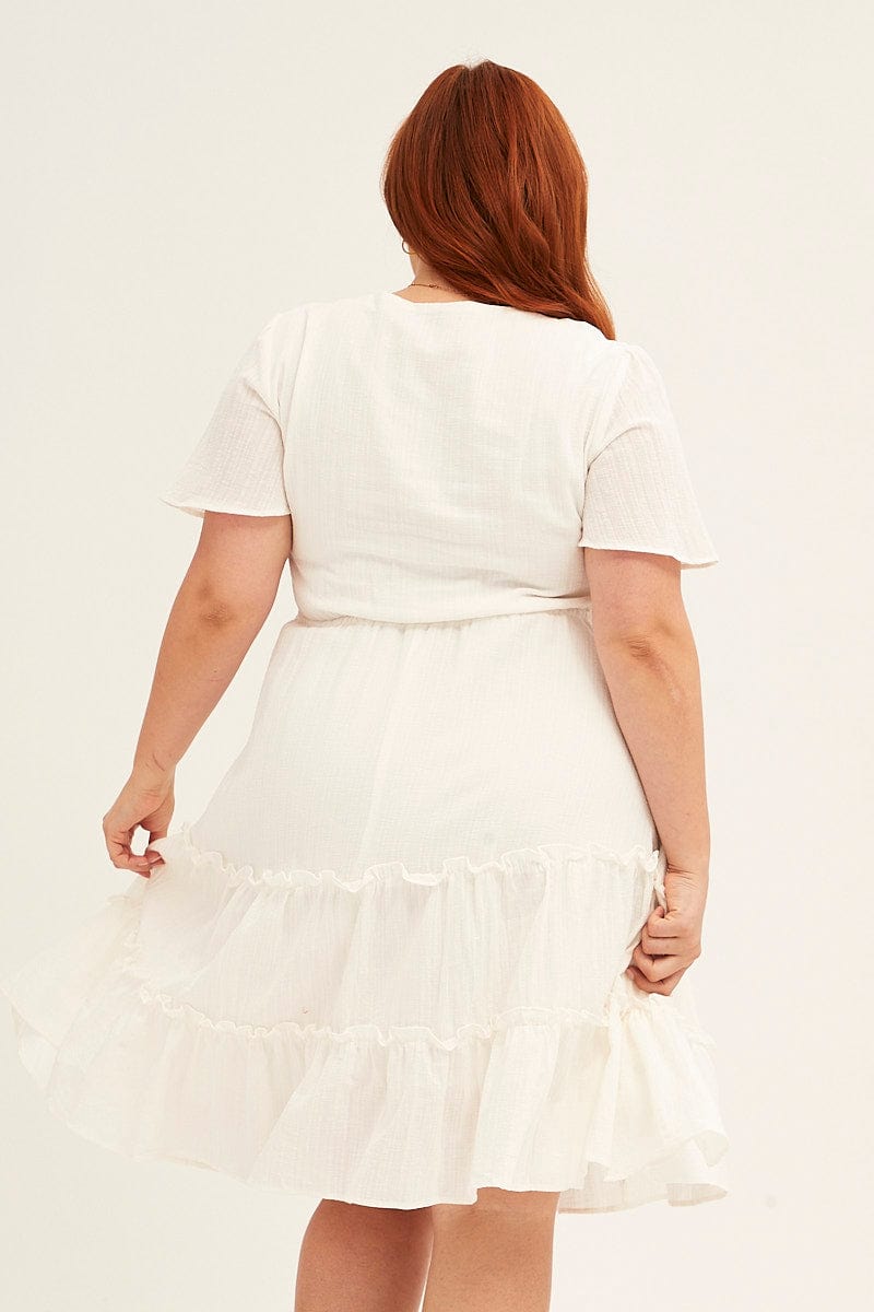 White Fit And Flare Dress Short Sleeve Button Front