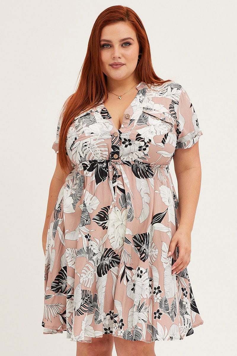 Trop Print Short Sleeve V Neck Shirt Dress