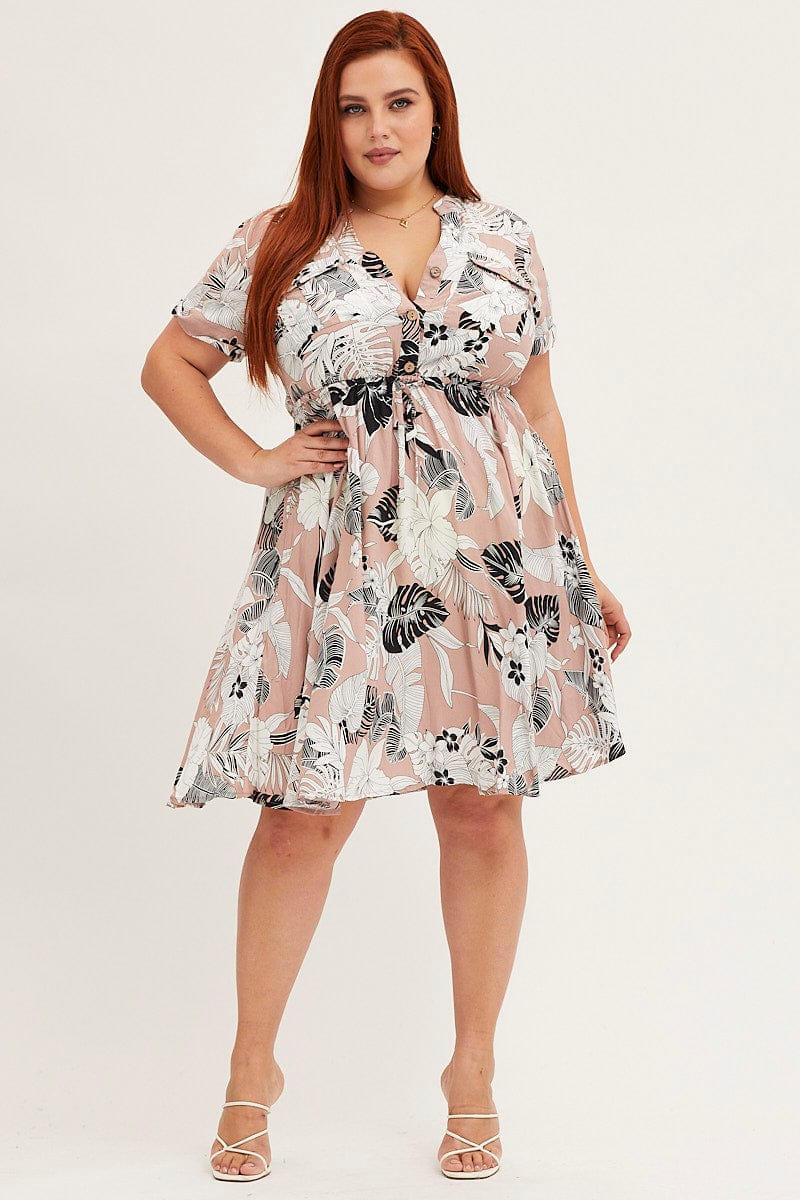 Trop Print Short Sleeve V Neck Shirt Dress