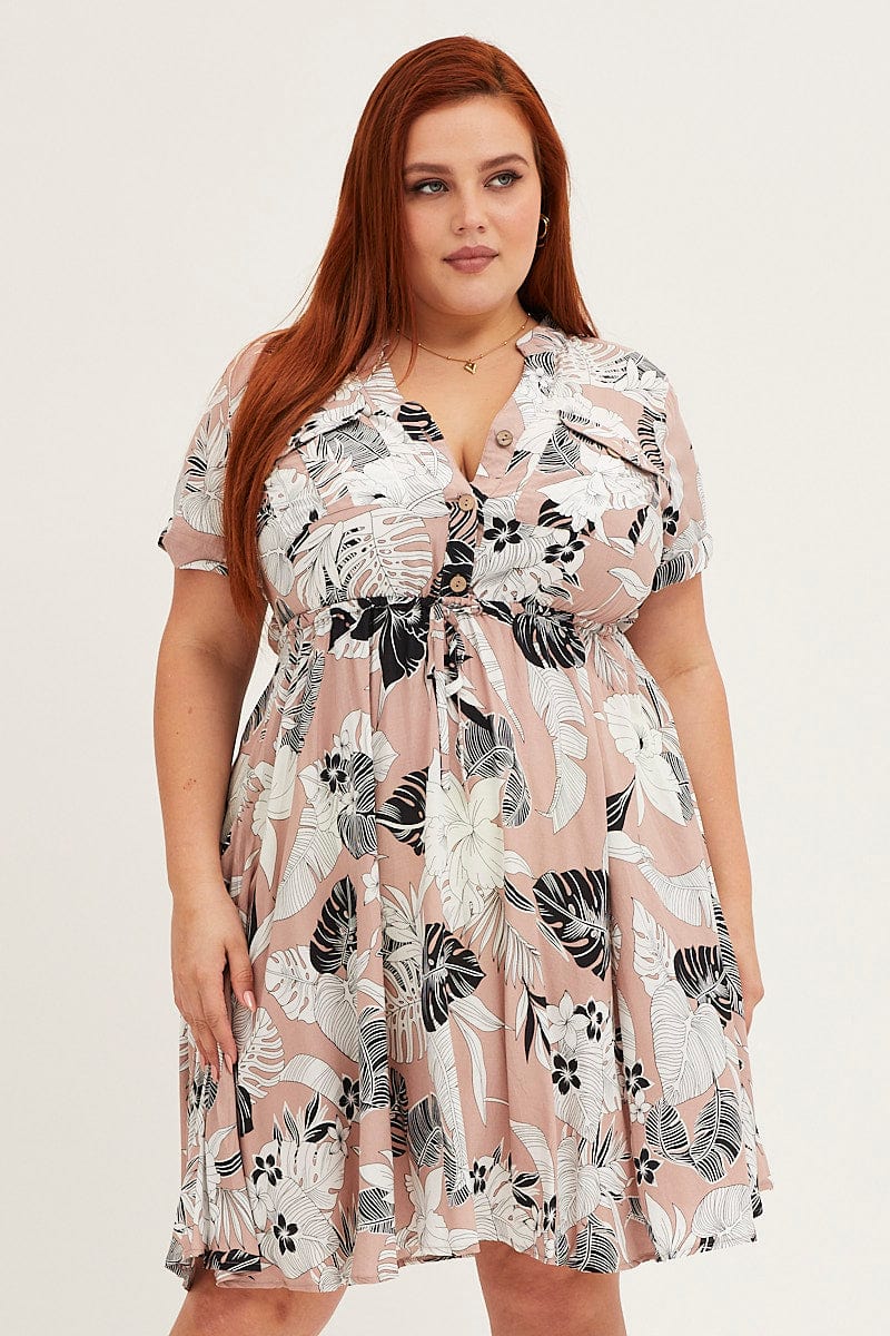 Trop Print Short Sleeve V Neck Shirt Dress