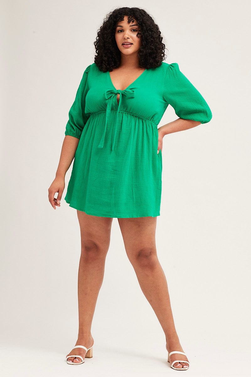 Green Skater Dress V-neck Long Sleeve Tie Front