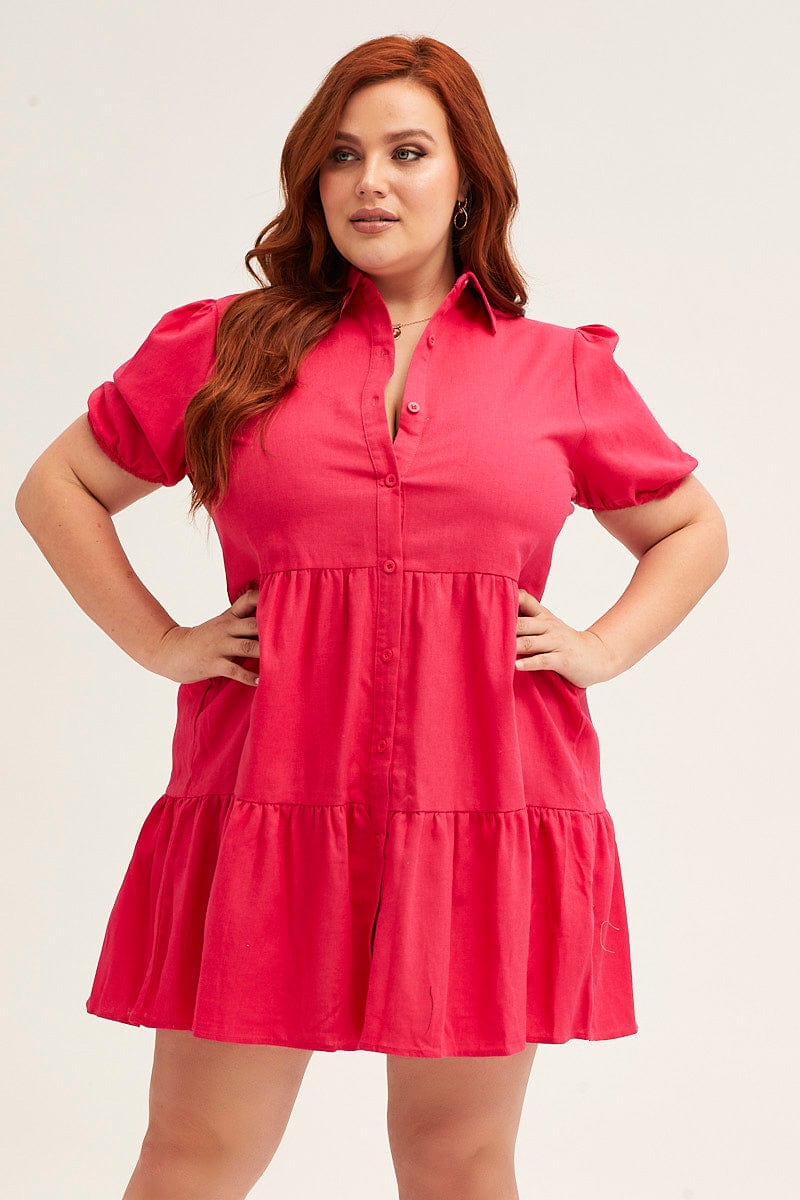 Pink Shirt Dress  Puff Sleeve Button