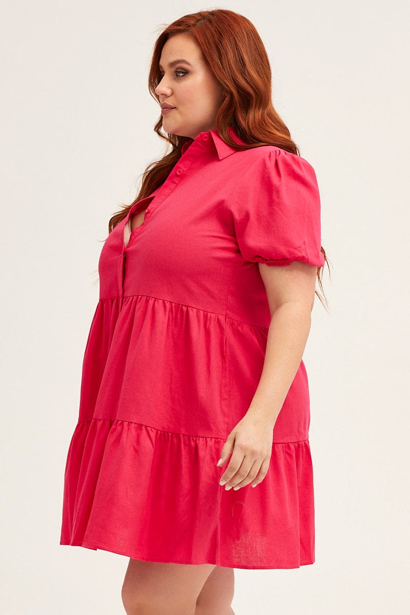 Pink Shirt Dress Puff Sleeve Button