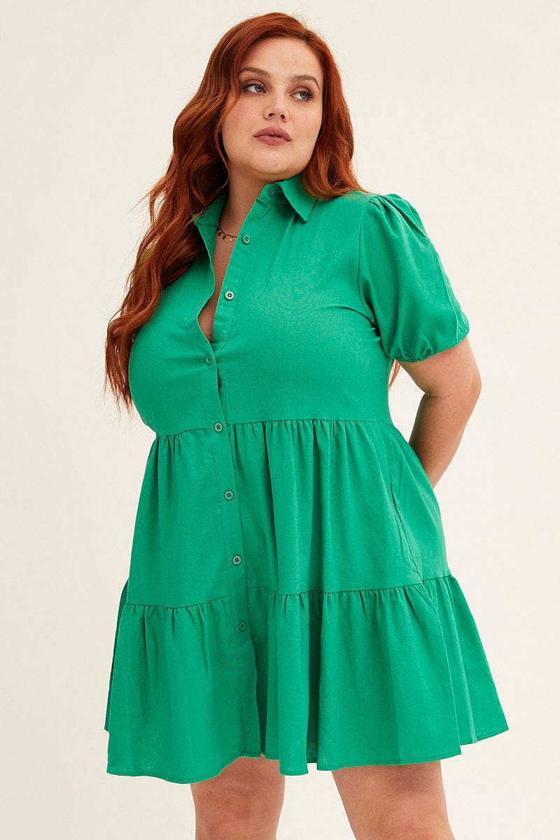 Green Shirt Dress  Puff Sleeve Button