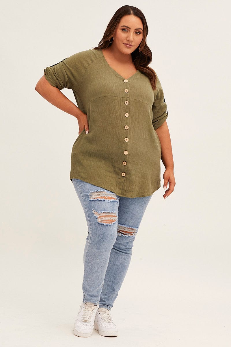 Green Crinkle Texture V-neck Pocket Shirt