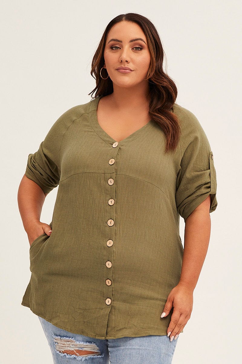 Green Crinkle Texture V-neck Pocket Shirt