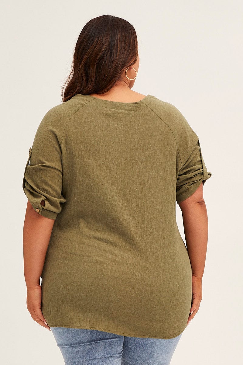 Green Crinkle Texture V-neck Pocket Shirt