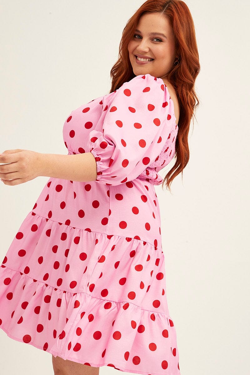 Pink Polka Dot Mini Dress Puff Sleeve Gather Front Peephole
