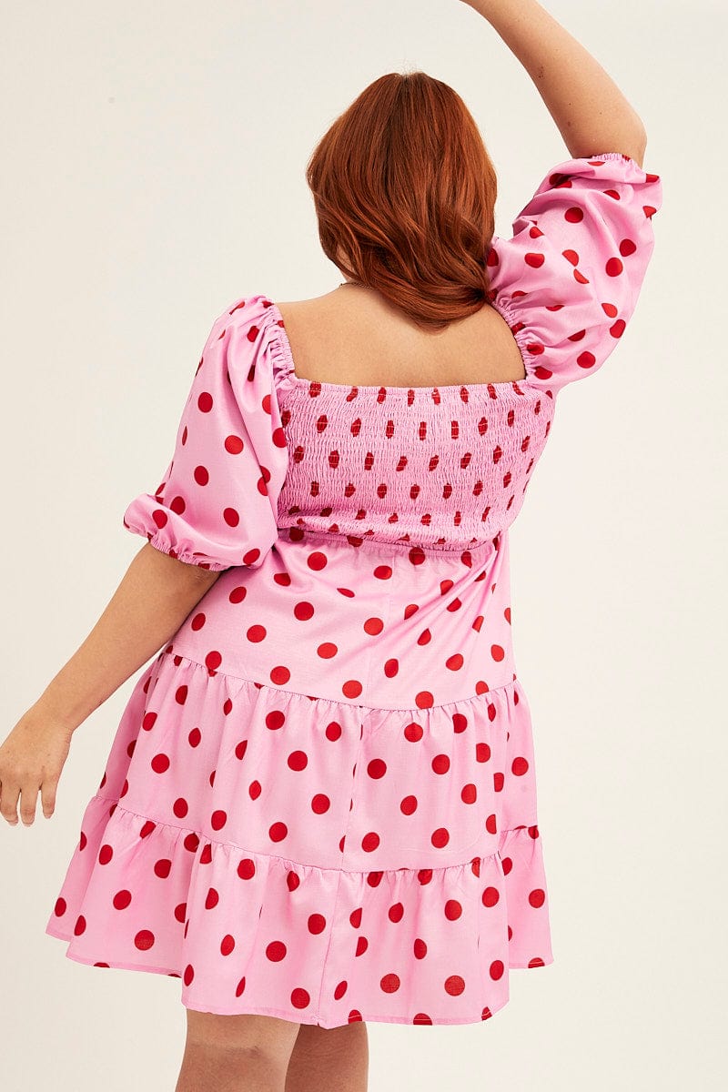 Pink Polka Dot Mini Dress Puff Sleeve Gather Front Peephole