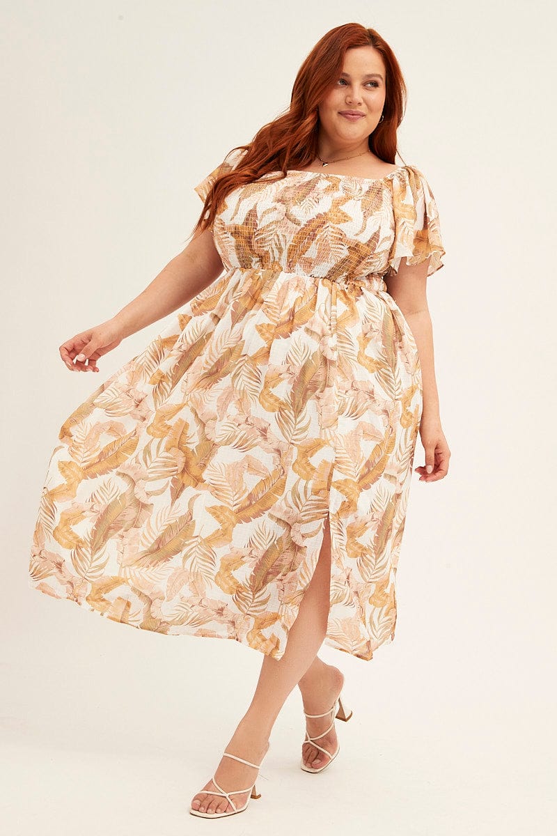 Yellow Floral Midi Dress Short Sleeve Shirred Back Tie Dress