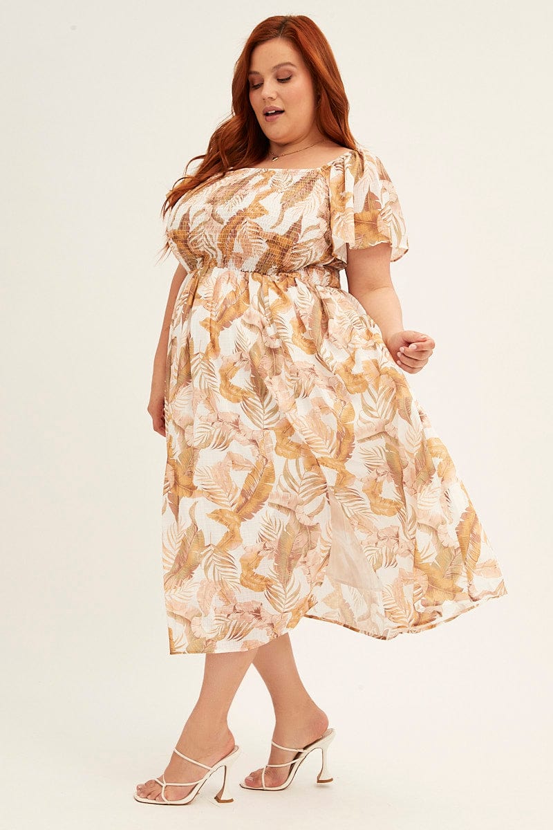 Yellow Floral Midi Dress Short Sleeve Shirred Back Tie Dress