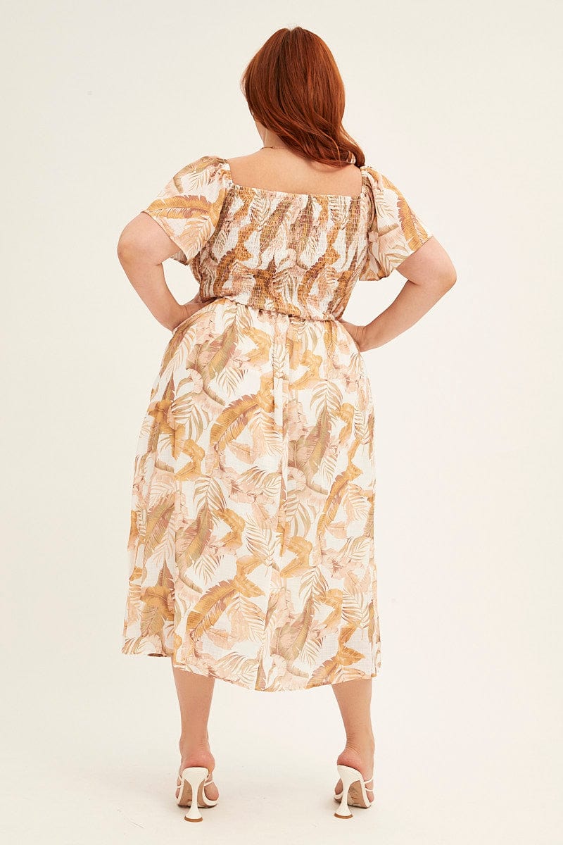 Yellow Floral Midi Dress Short Sleeve Shirred Back Tie Dress