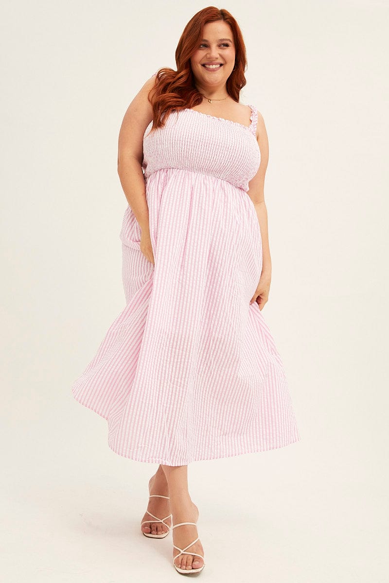 PINK STRIPE Midi Dress Frill Shoulder Sleeveless Shirred Bust