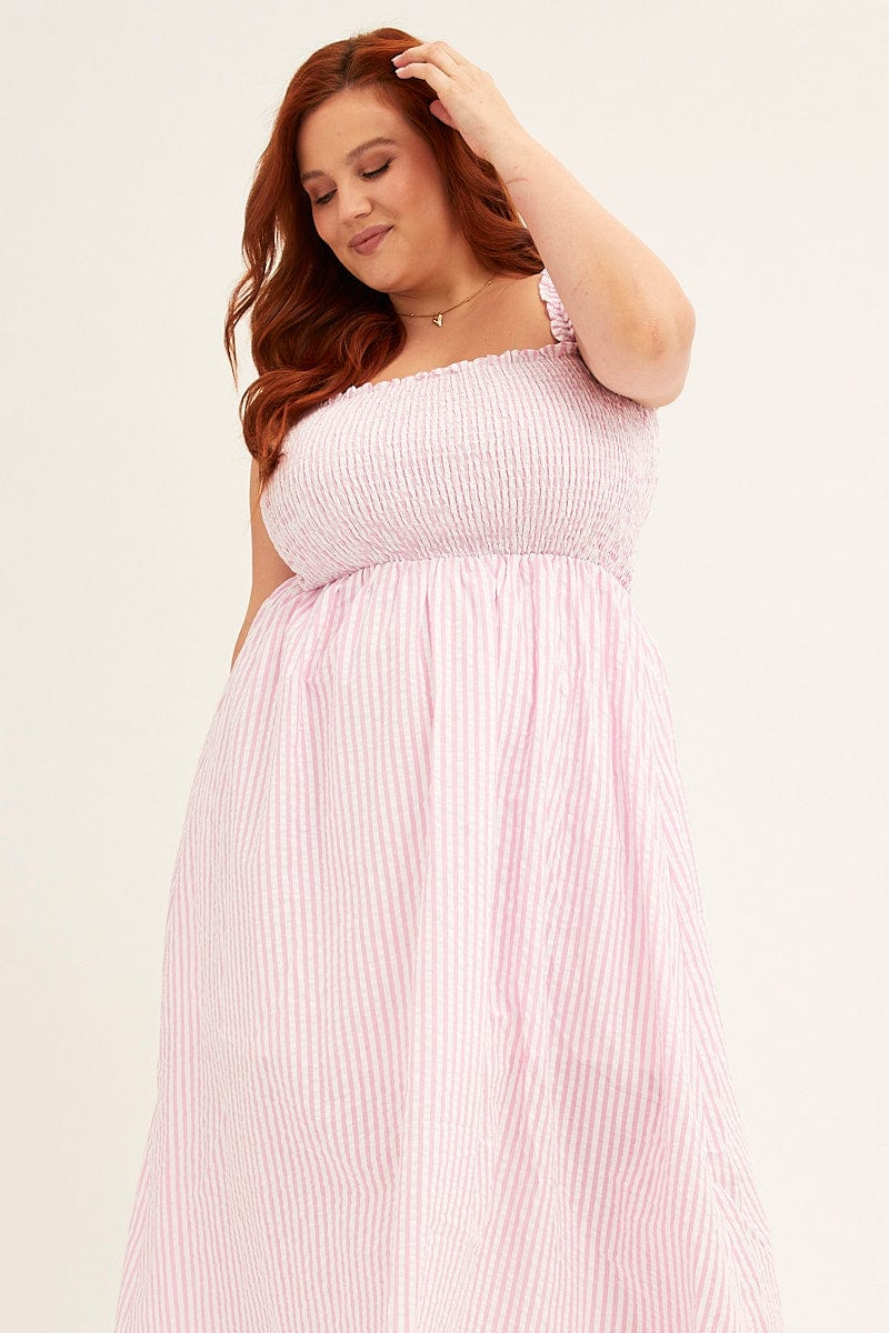 PINK STRIPE Midi Dress Frill Shoulder Sleeveless Shirred Bust