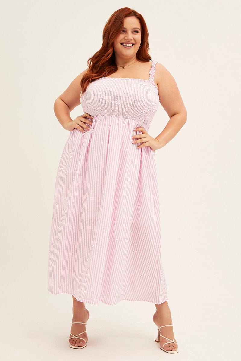 PINK STRIPE Midi Dress Frill Shoulder Sleeveless Shirred Bust