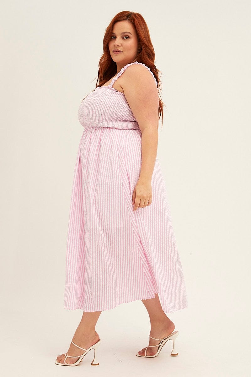 PINK STRIPE Midi Dress Frill Shoulder Sleeveless Shirred Bust