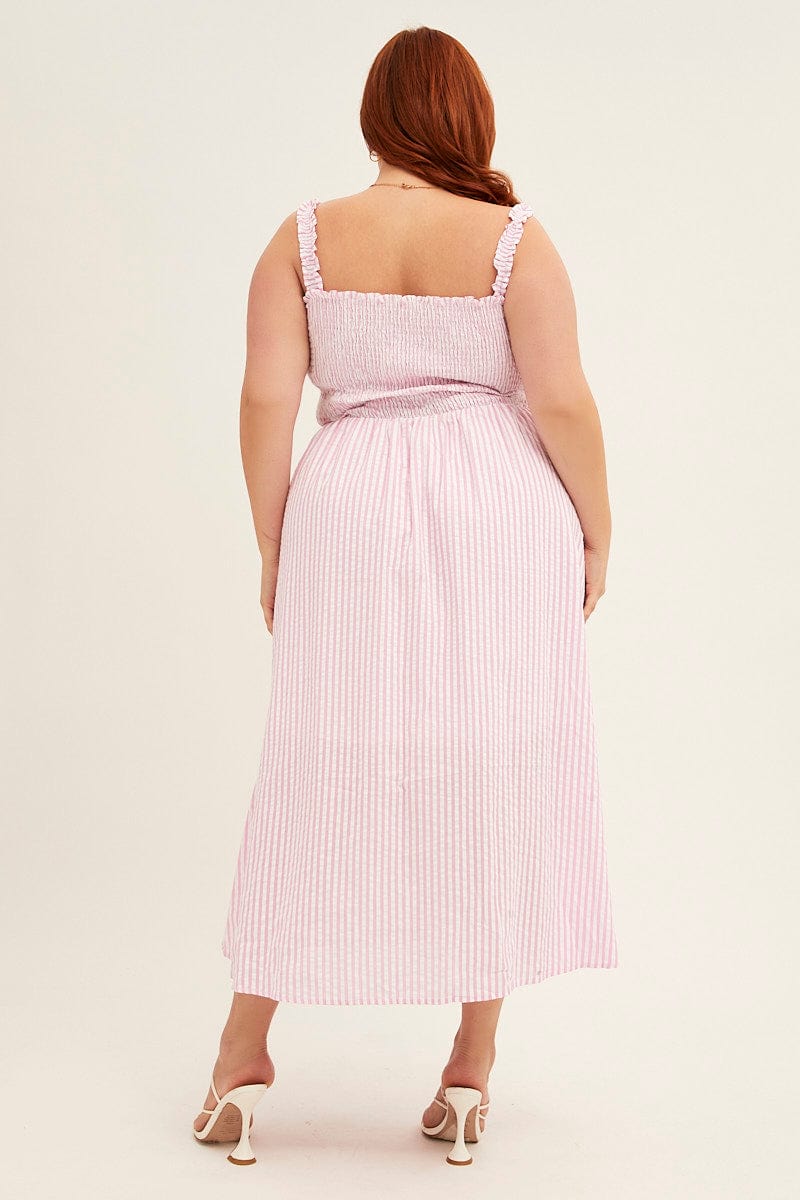 PINK STRIPE Midi Dress Frill Shoulder Sleeveless Shirred Bust