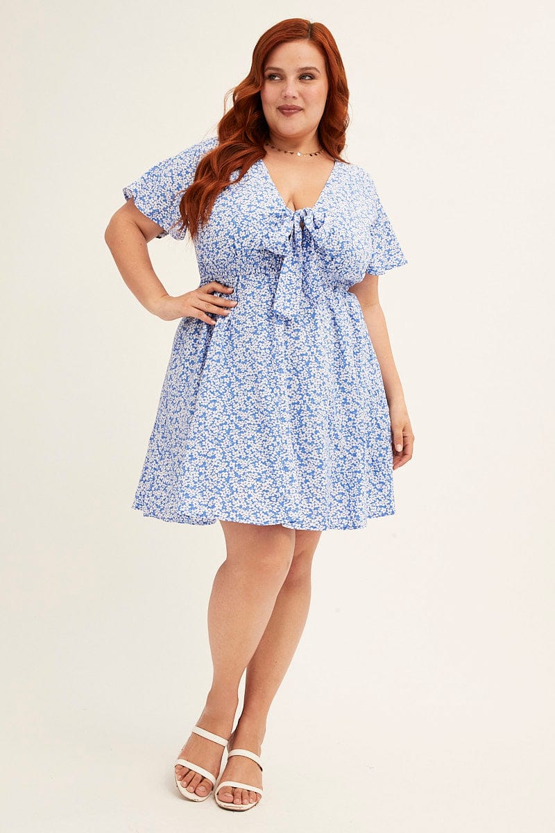 FLORAL PRT Blue Ditsy Print Short Sleeve Tie Front Dress