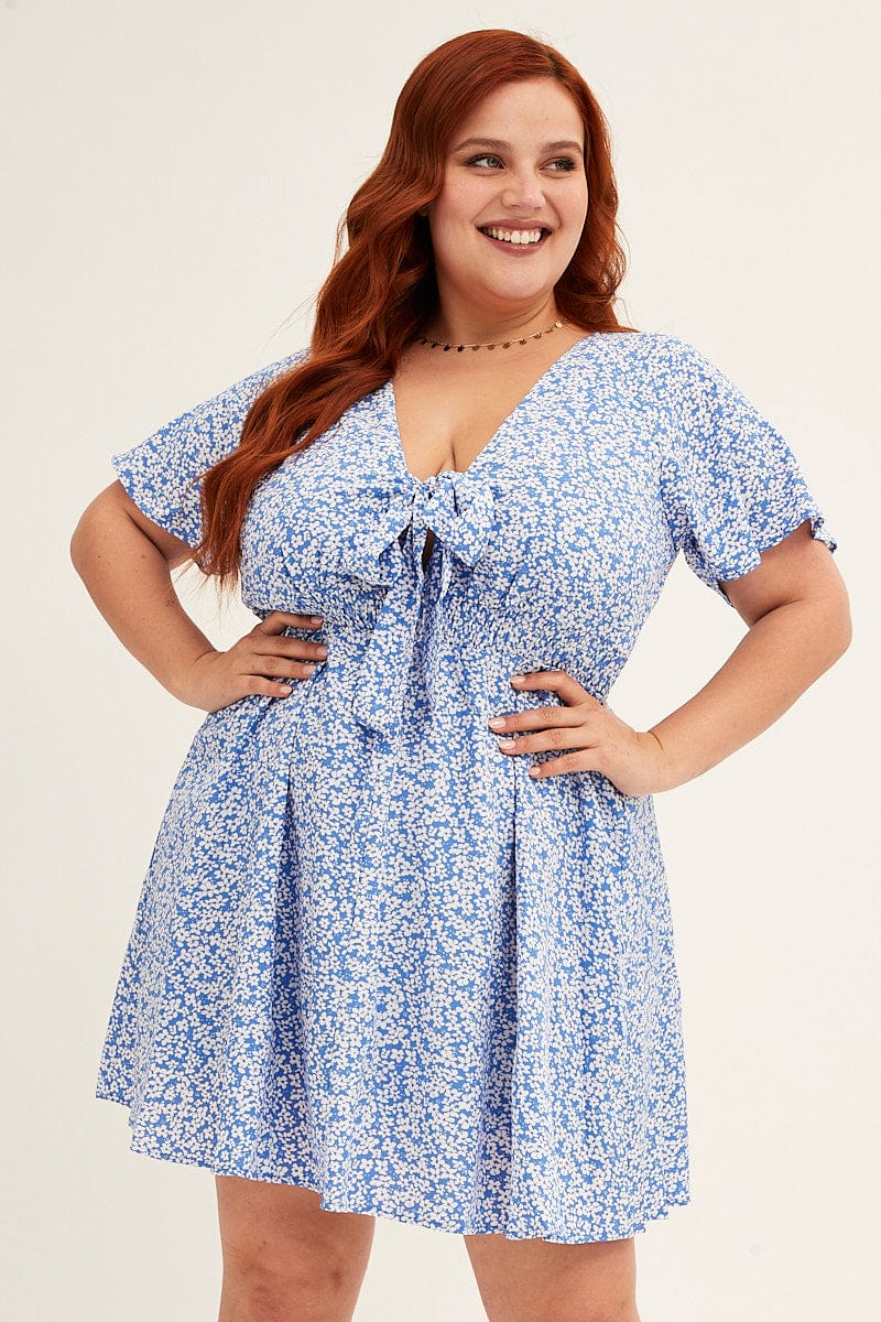 FLORAL PRT Blue Ditsy Print Short Sleeve Tie Front Dress