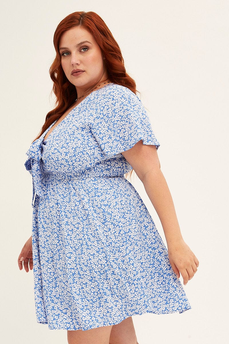 FLORAL PRT Blue Ditsy Print Short Sleeve Tie Front Dress