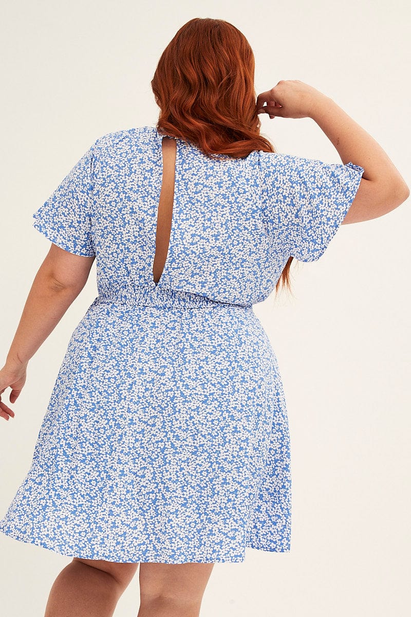 FLORAL PRT Blue Ditsy Print Short Sleeve Tie Front Dress