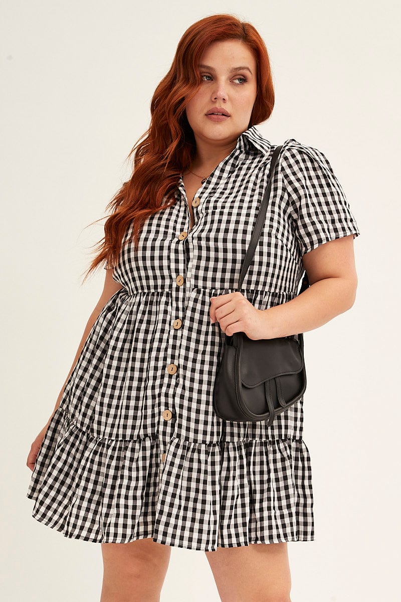 CHECK Short Sleeve Black And White Check Shirt Dress