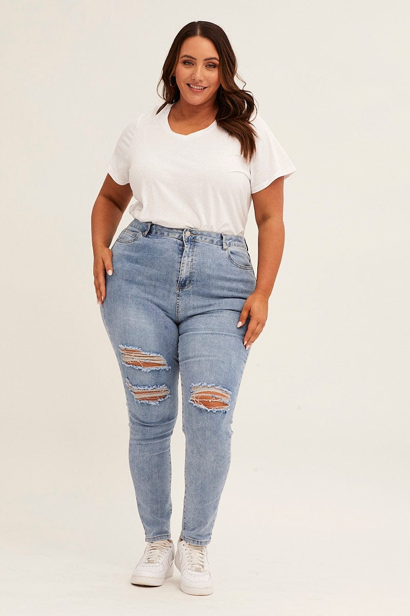 Plus Size Blue High Rise Knee Distress Stretch Skinny Denim Jeans