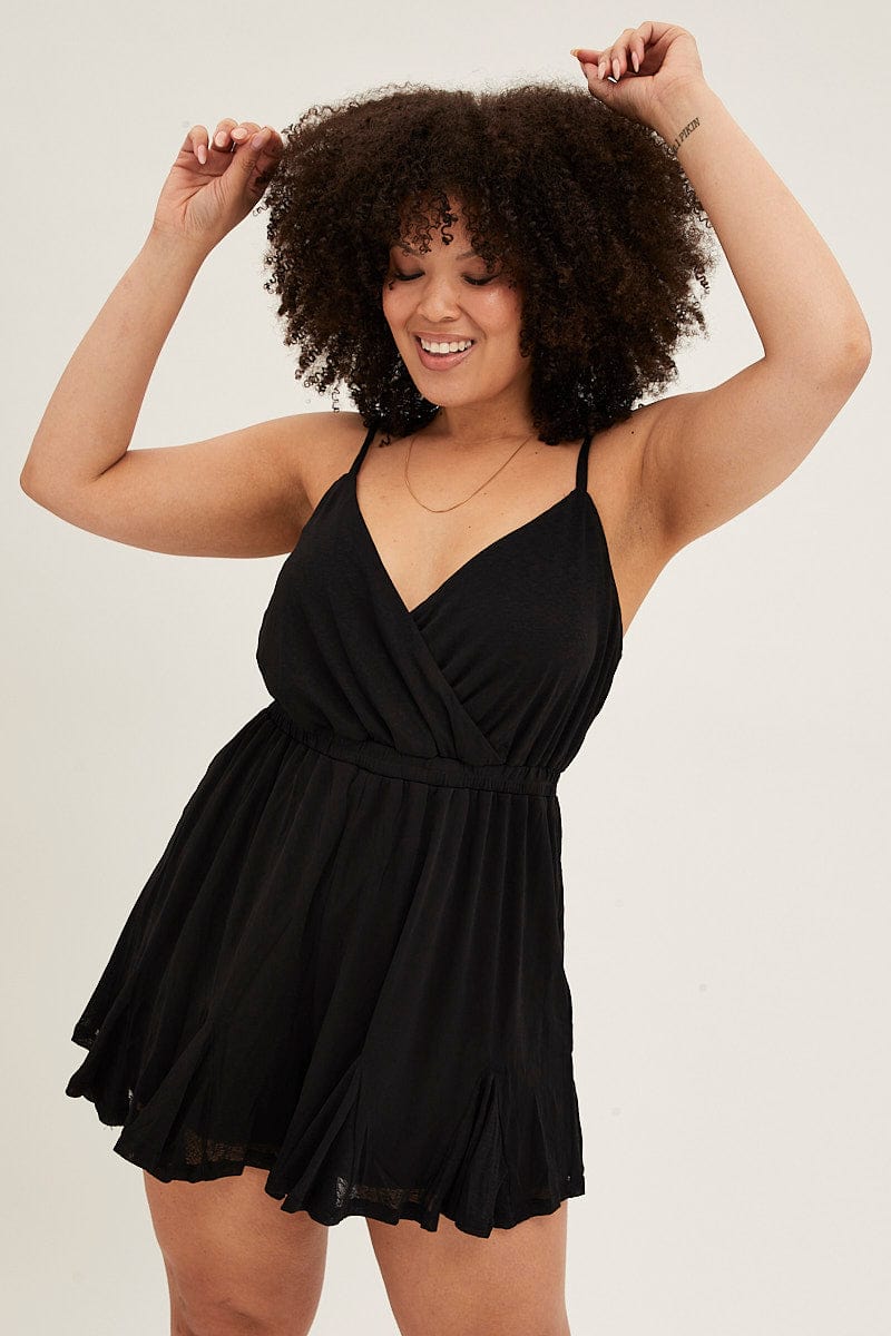 Black Sleeveless Wrap Top Textured Jersey Playsuit