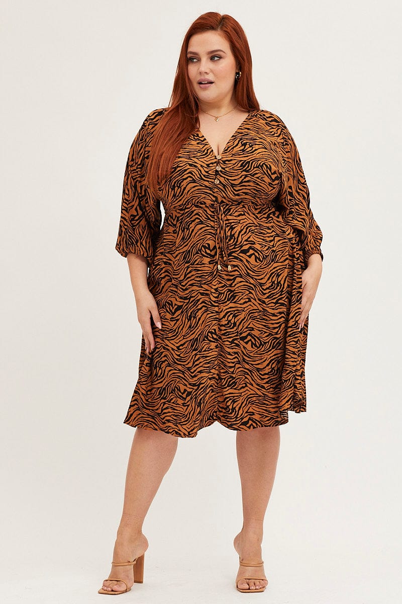 Animal Print V Neck 3/4 Sleeve Rayon Dress