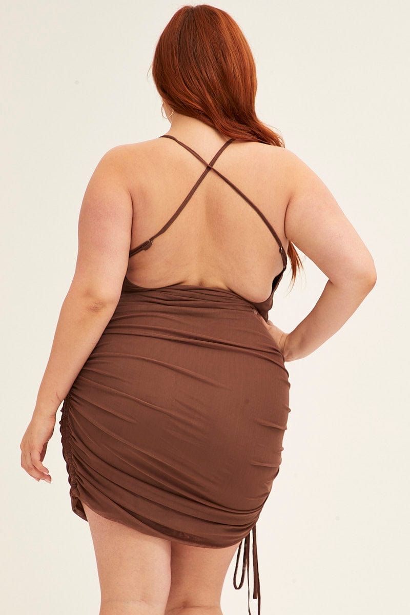 Brown Mini Dress Cross Back Ruched Bodycon Mesh