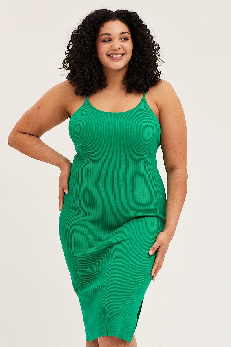 Green Midi Knit Bodycon Dress Scoop Neck Sleeveless