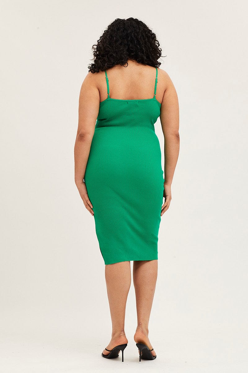 Green Midi Knit Bodycon Dress Scoop Neck Sleeveless