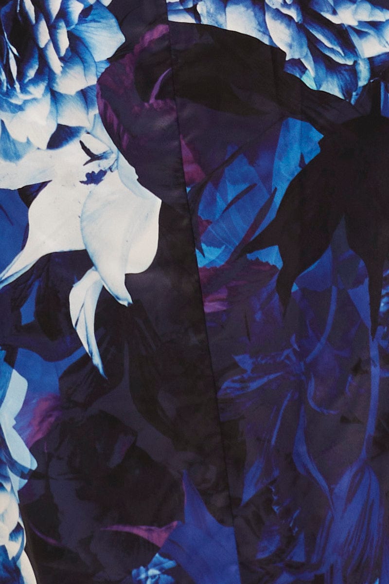 Blue Abstract Midi Dress Sleeveless Side Split Satin