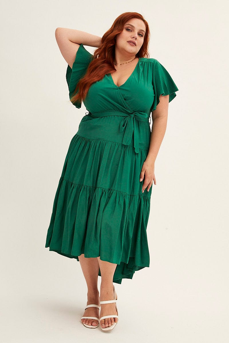 Green Midi Dress V-Neck Tie