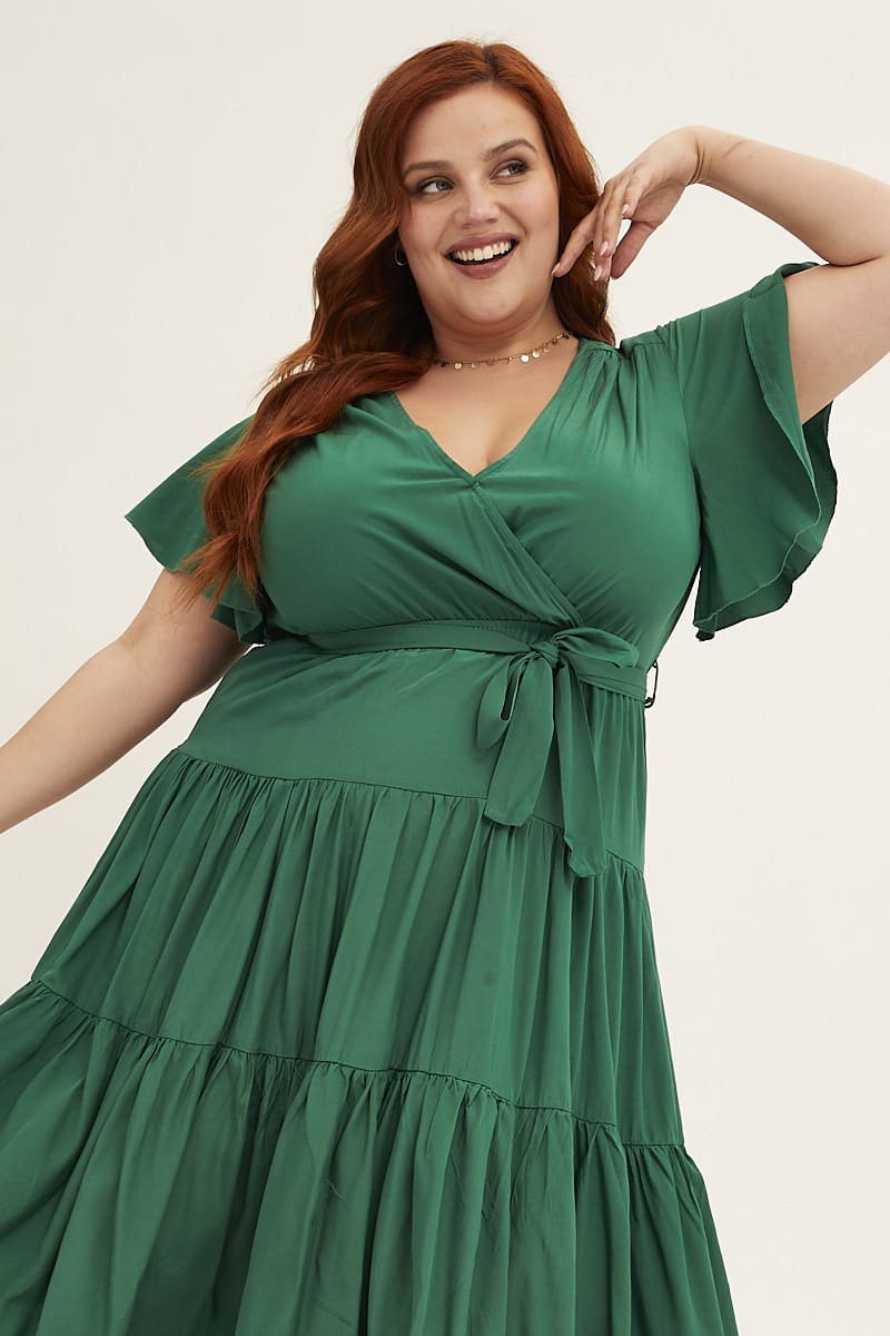 Green Midi Dress V-Neck Tie