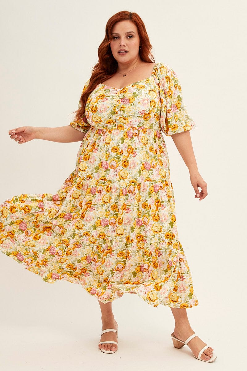 FLORAL PRT Short Puff Sleeve Multi Floral Rayon Midi Dress